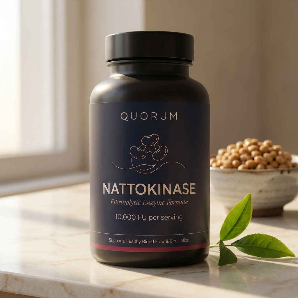 Quorum Nattokinase 10000 FU — lifestyle on marble with natto bowl