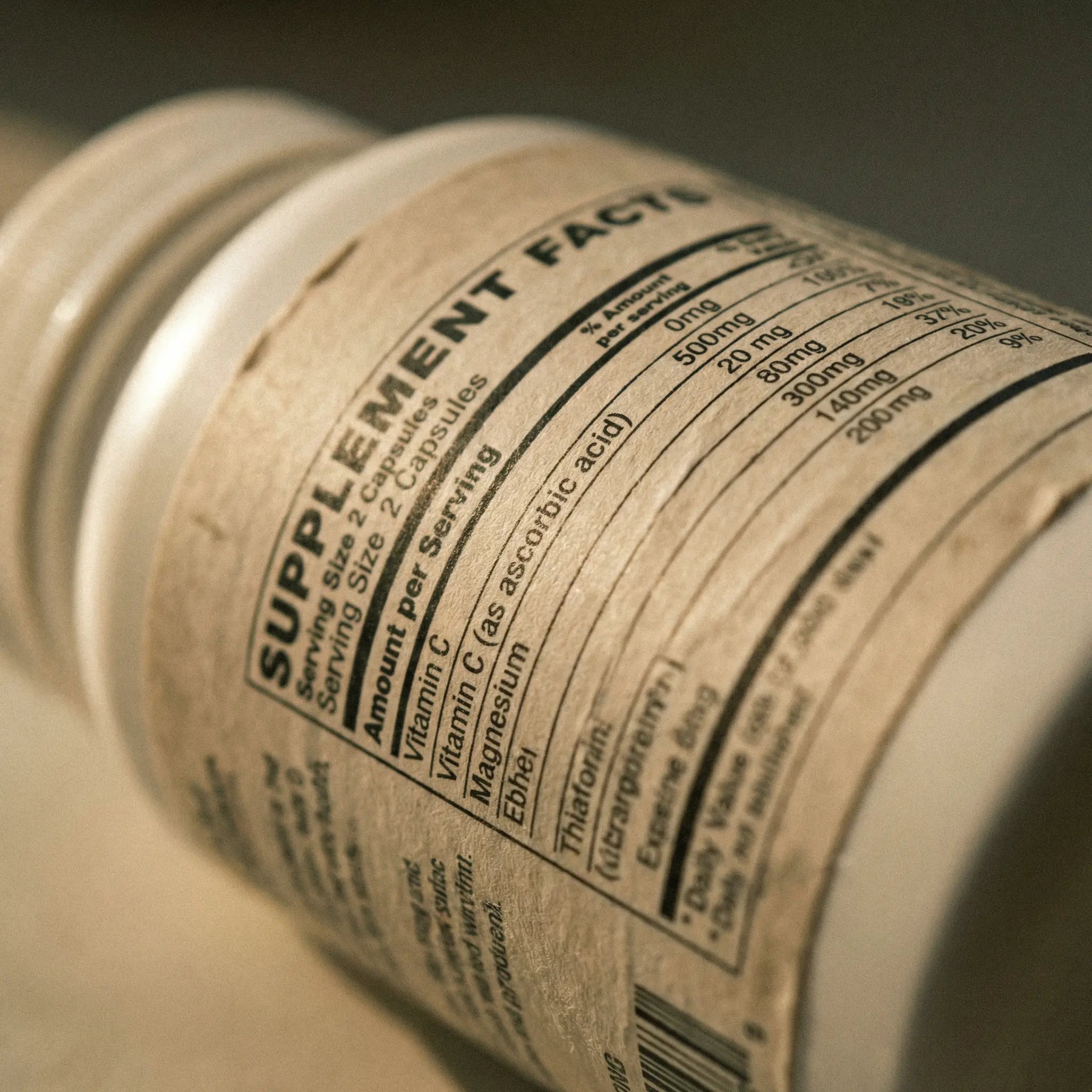 Close-up of a supplement facts label showing ingredient doses in fine print