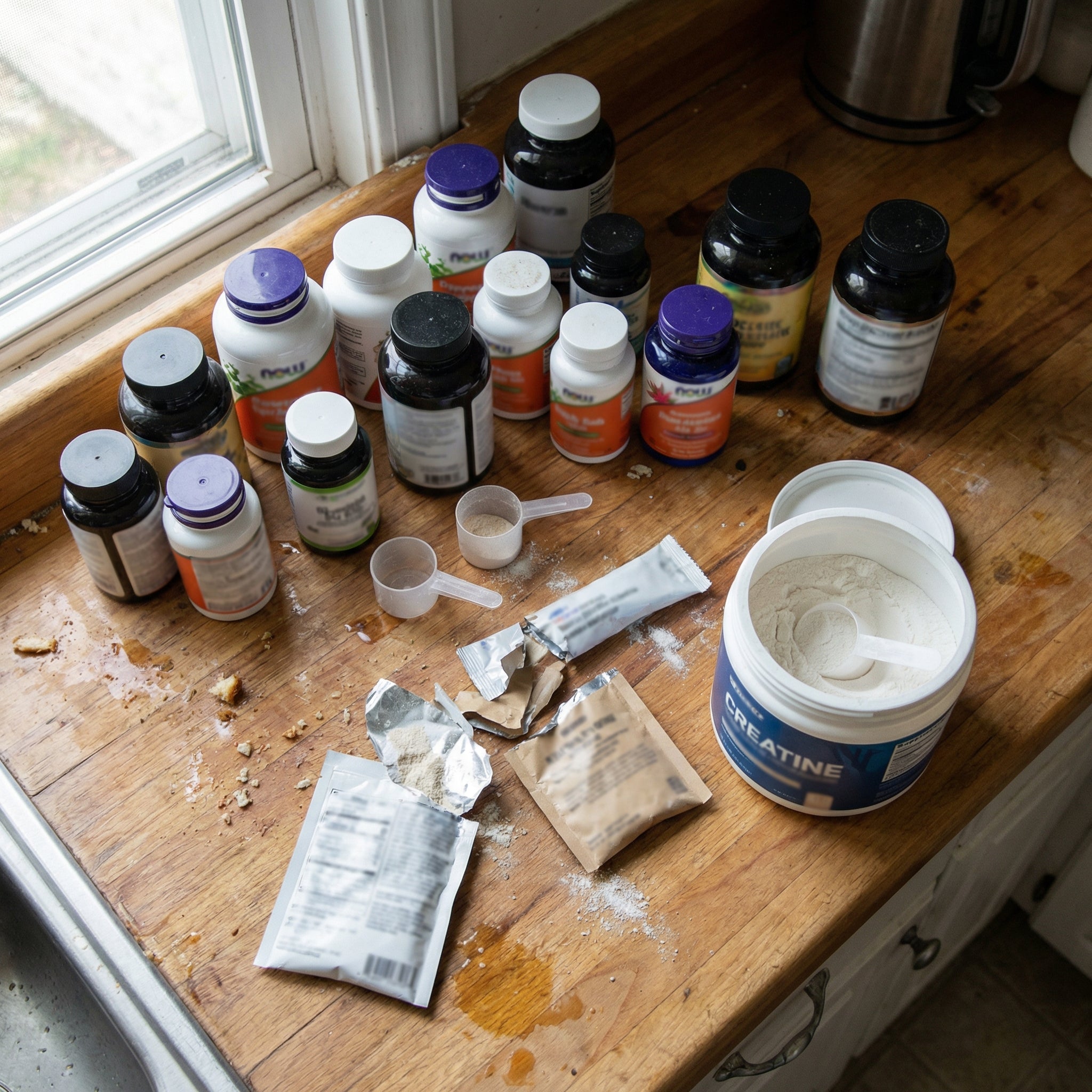 Kitchen counter cluttered with multiple supplement bottles, loose scoops, and torn packets
