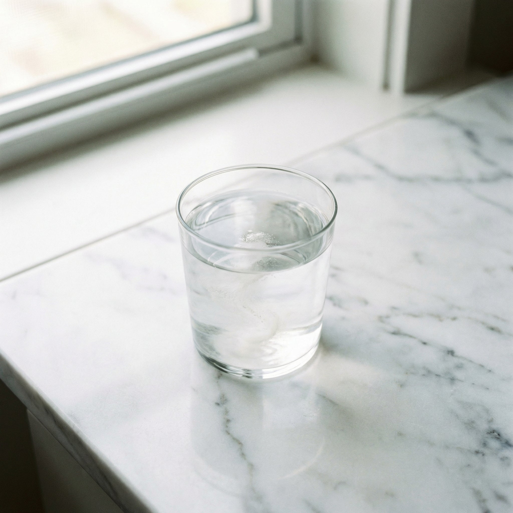Clear glass of water with supplement powder dissolving cleanly on a white marble countertop
